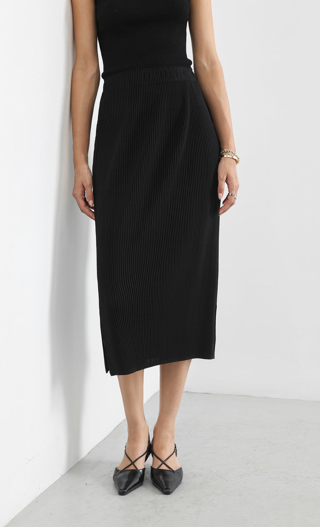 classy line pleated skirt_black