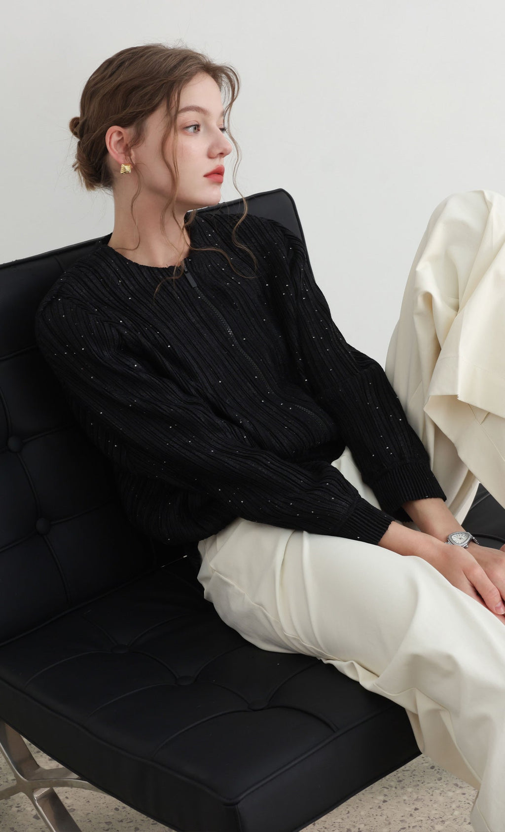 Tweed pleats blouson jumper_black