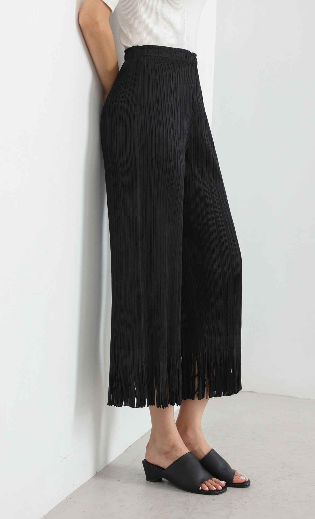 frill hem pleats pants_black