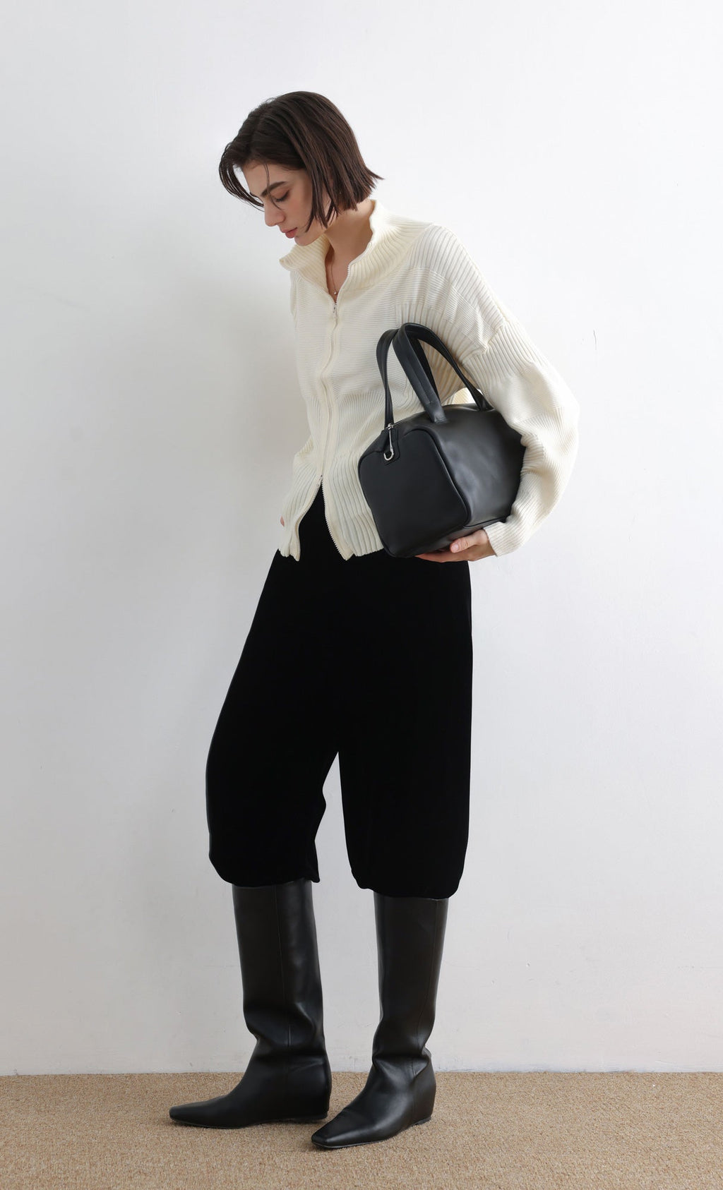 High Neck Knitted Pleated Zip-Up Cardigan_Ivory