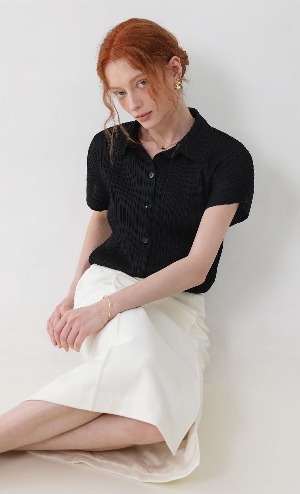 tinted collard pleated shirts_black