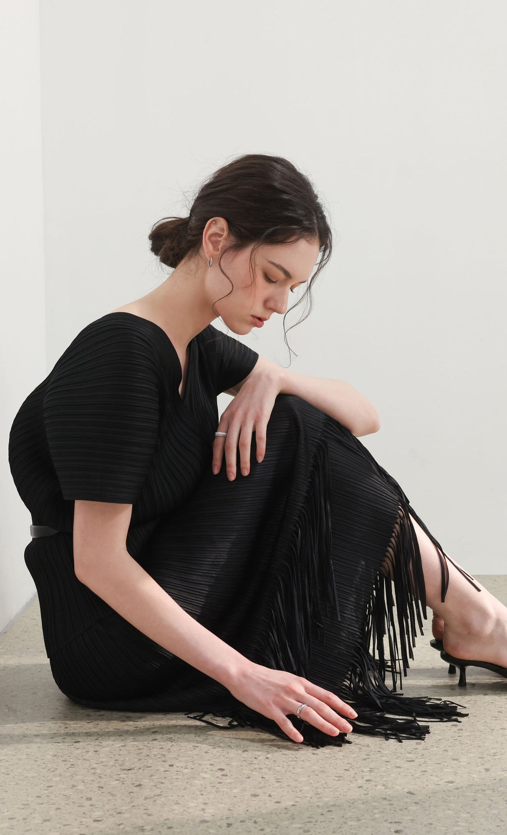 Fringe pleated skirt_black
