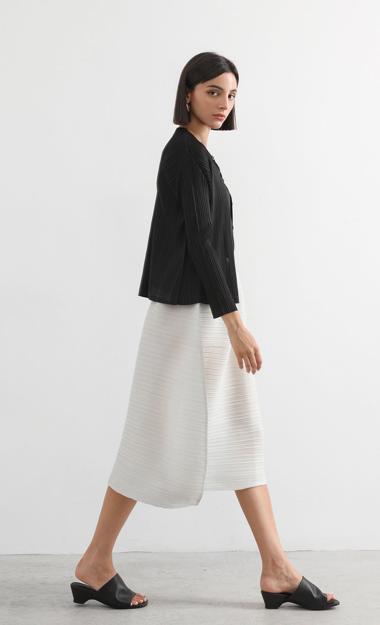 button basic pleated cardigan_black