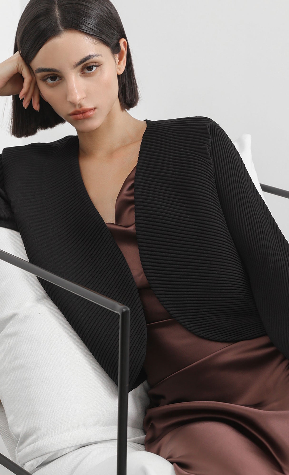 round pleated cardigan_black
