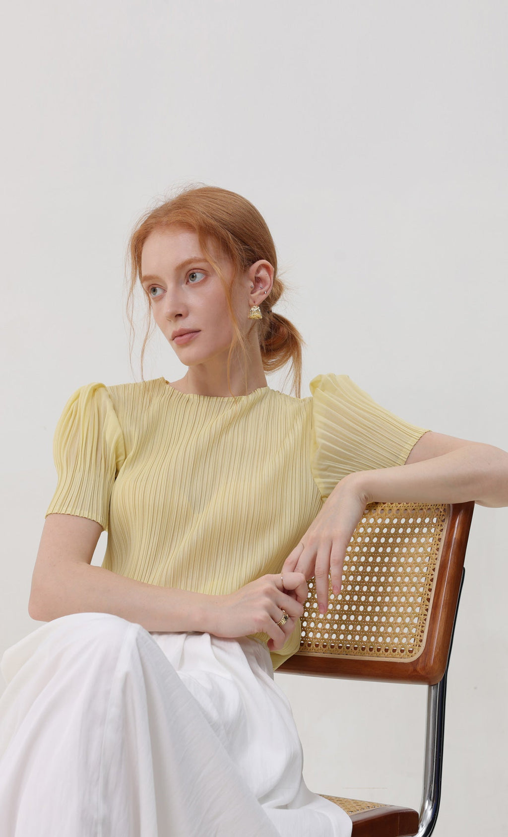 Mellow pleated half sleeve top_yellow