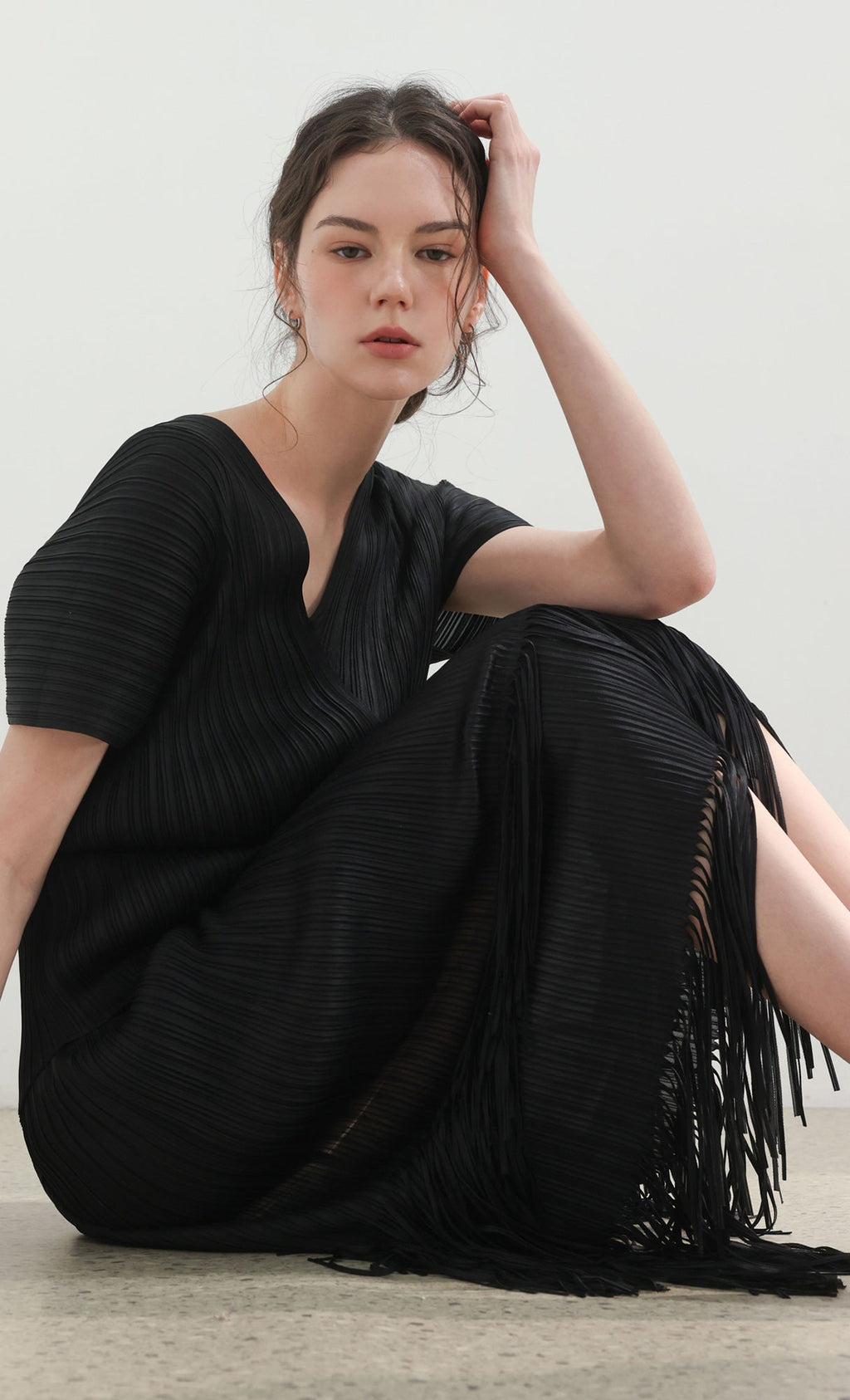 Fringe pleated skirt_black