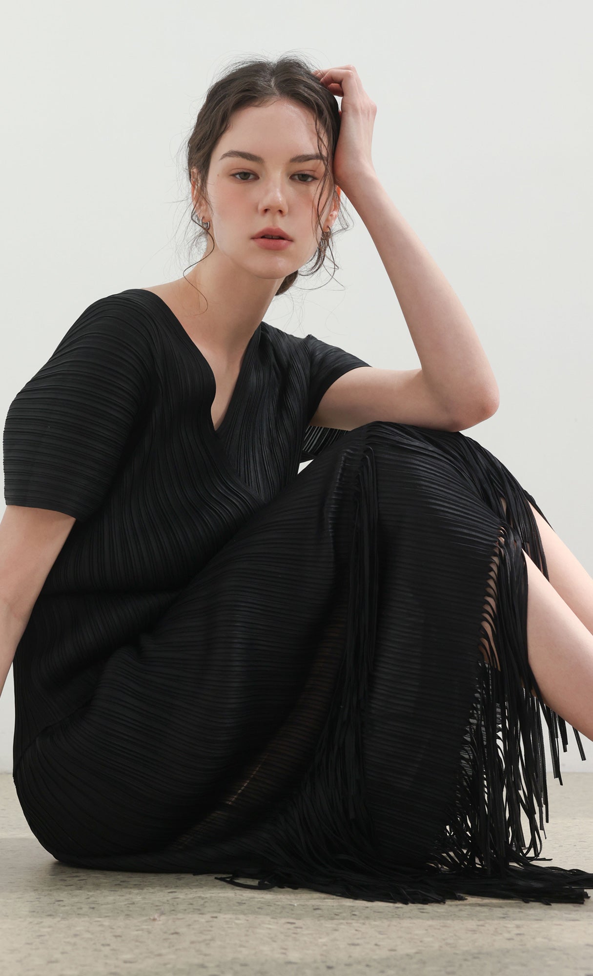 Fringe pleated skirt_black