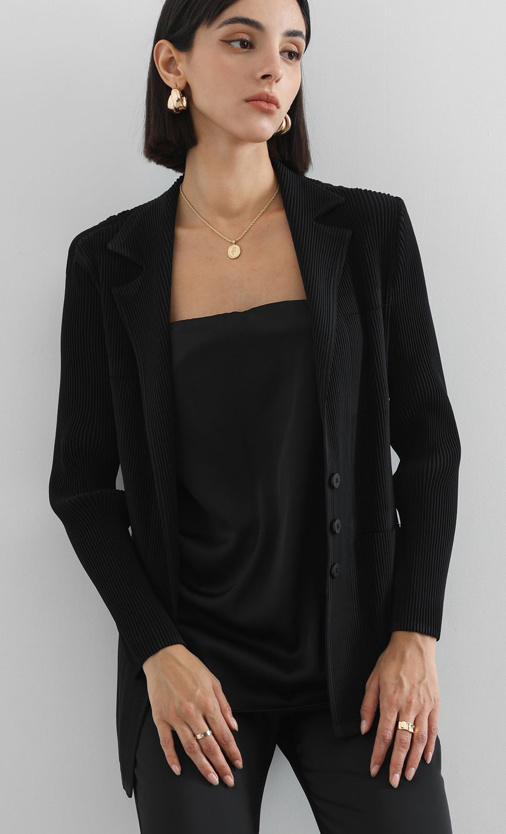 curve pleated set-up jacket_black