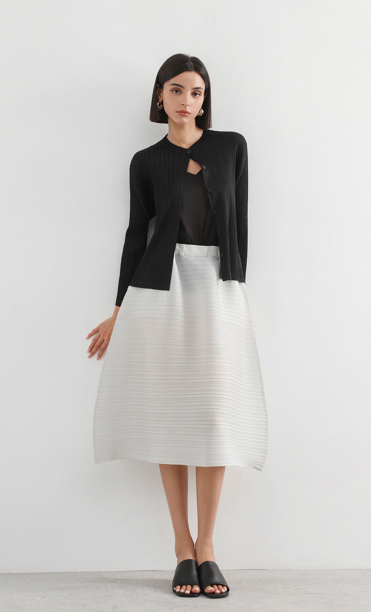button basic pleated cardigan_black