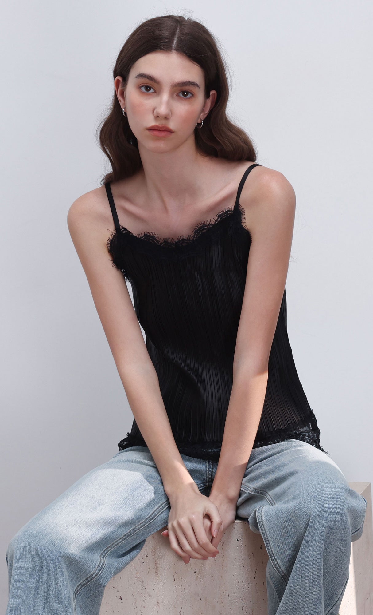 Pleated lace slip top_black