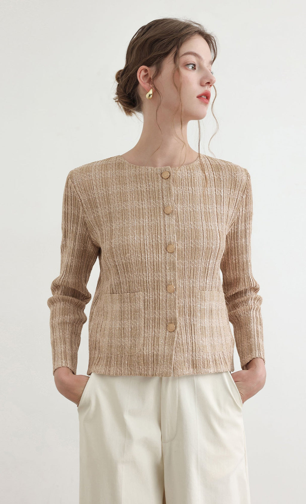 Tweed pleats cardigan jacket_beige