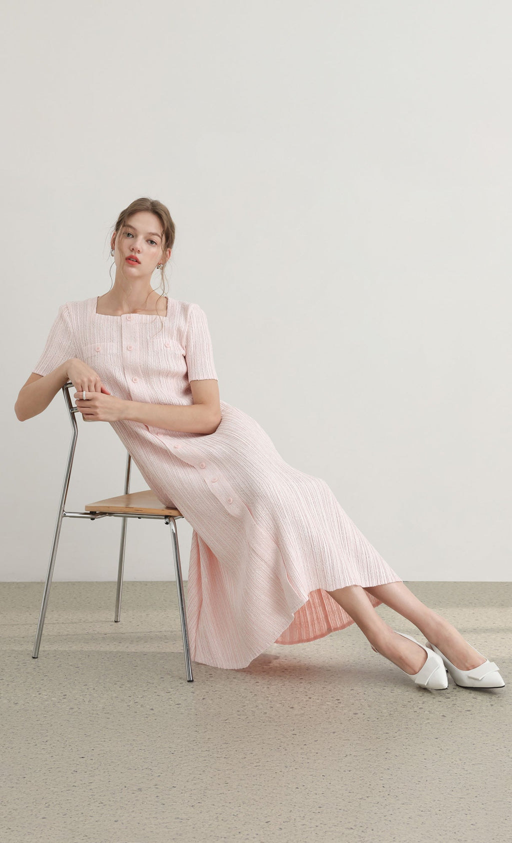 Tweed pleats square neck dress_pink