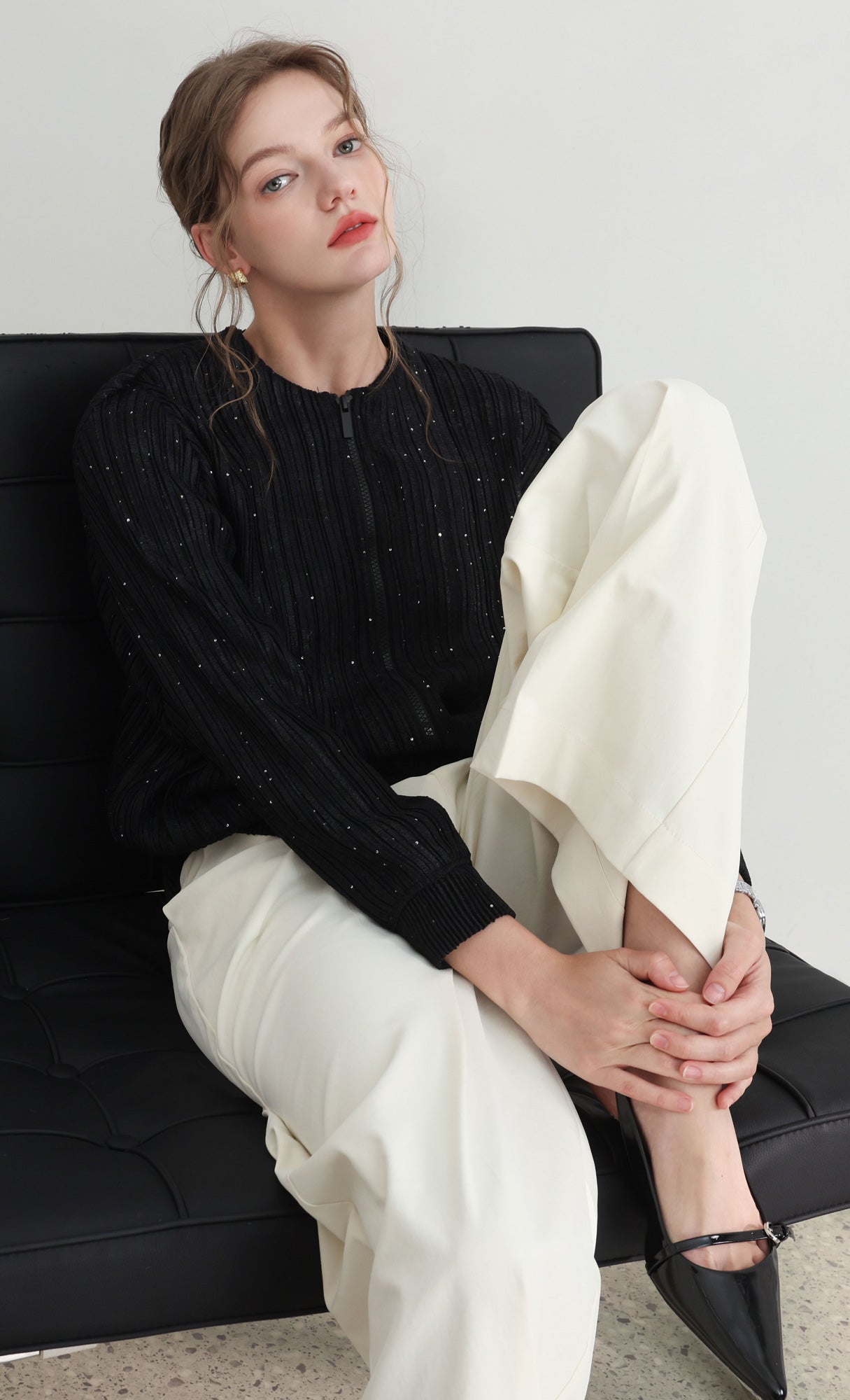 Tweed pleats blouson jumper_black