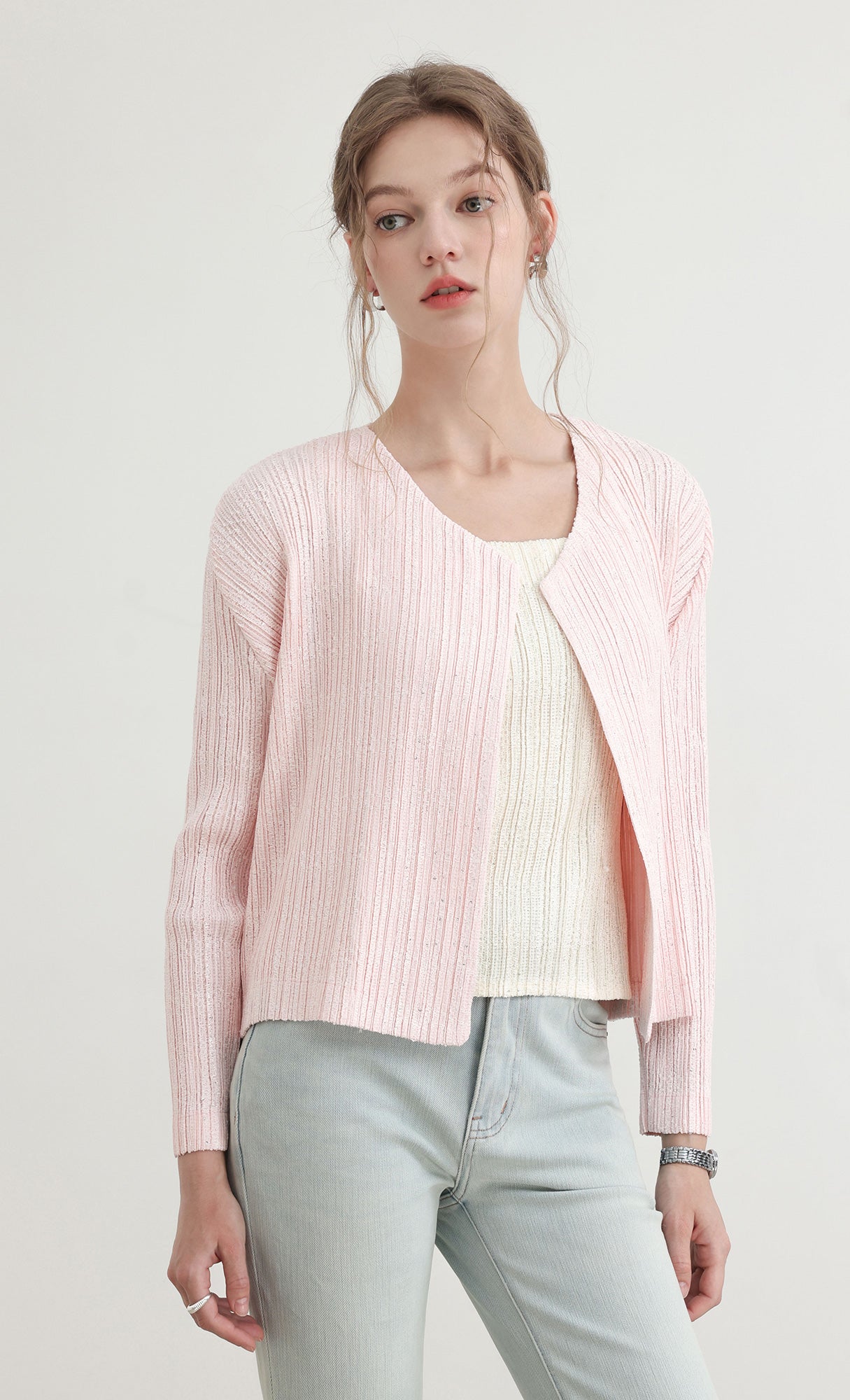 Tweed pleats cardigan_pink