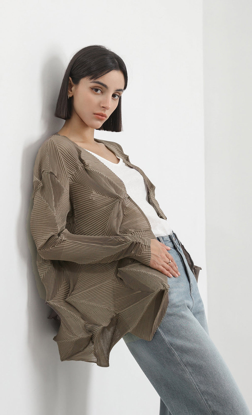 geo pleated jacket cardigan_brown