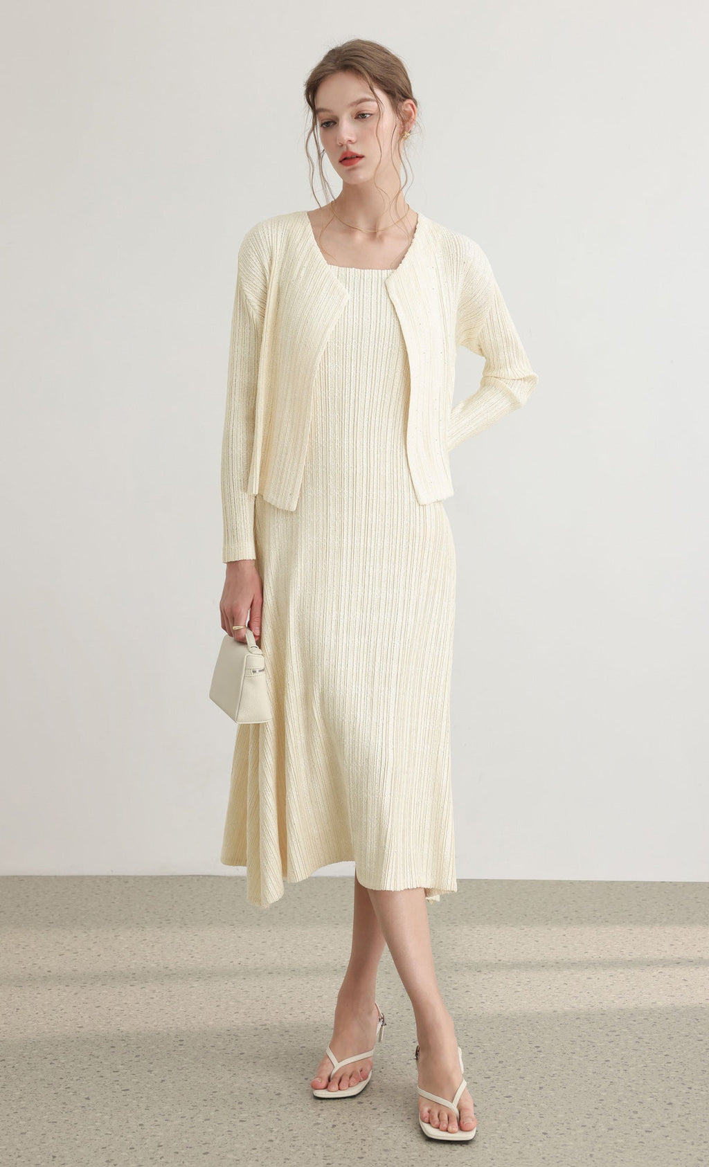 Tweed pleats sleveless flare dress_ivory