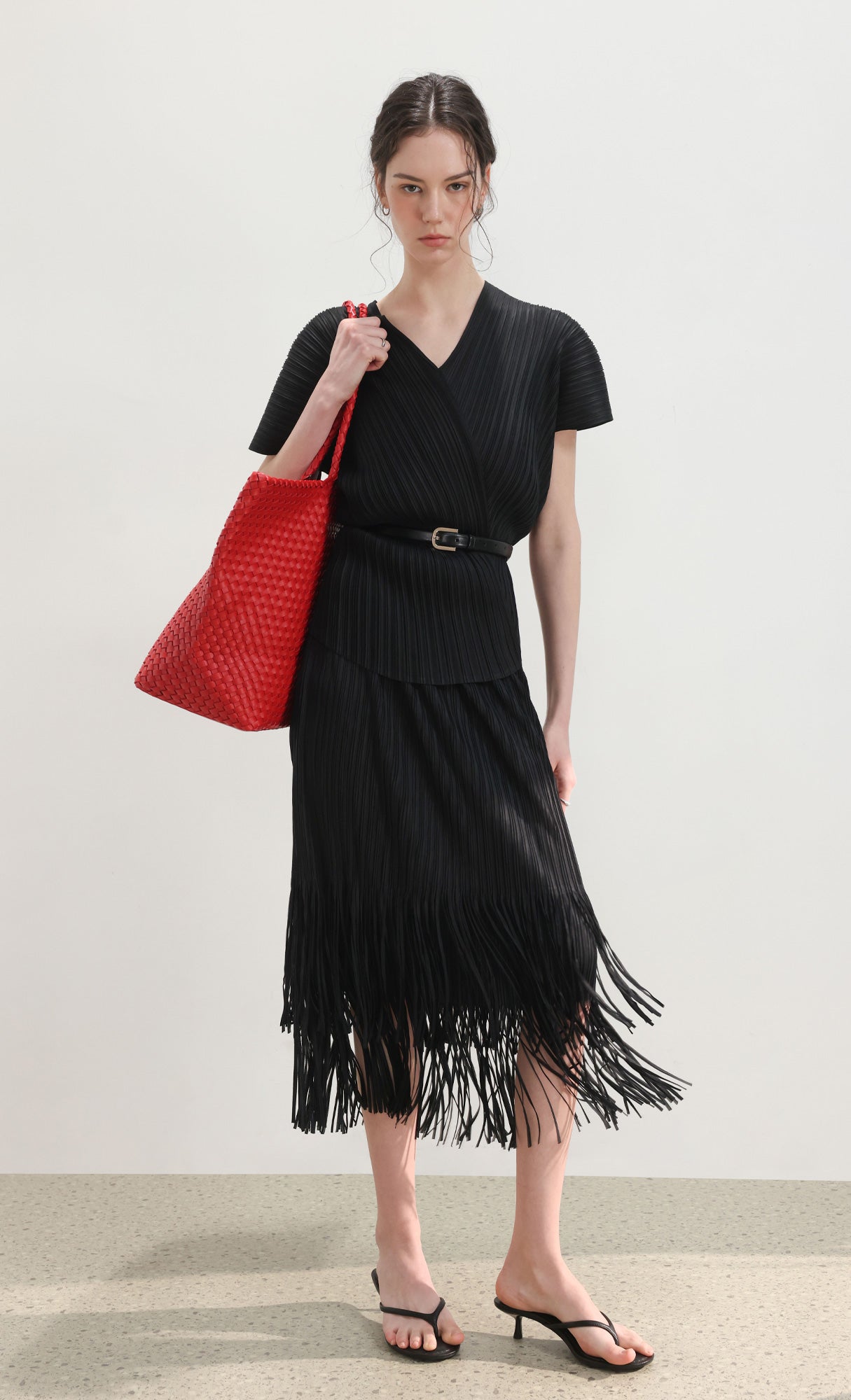 Fringe pleated skirt_black