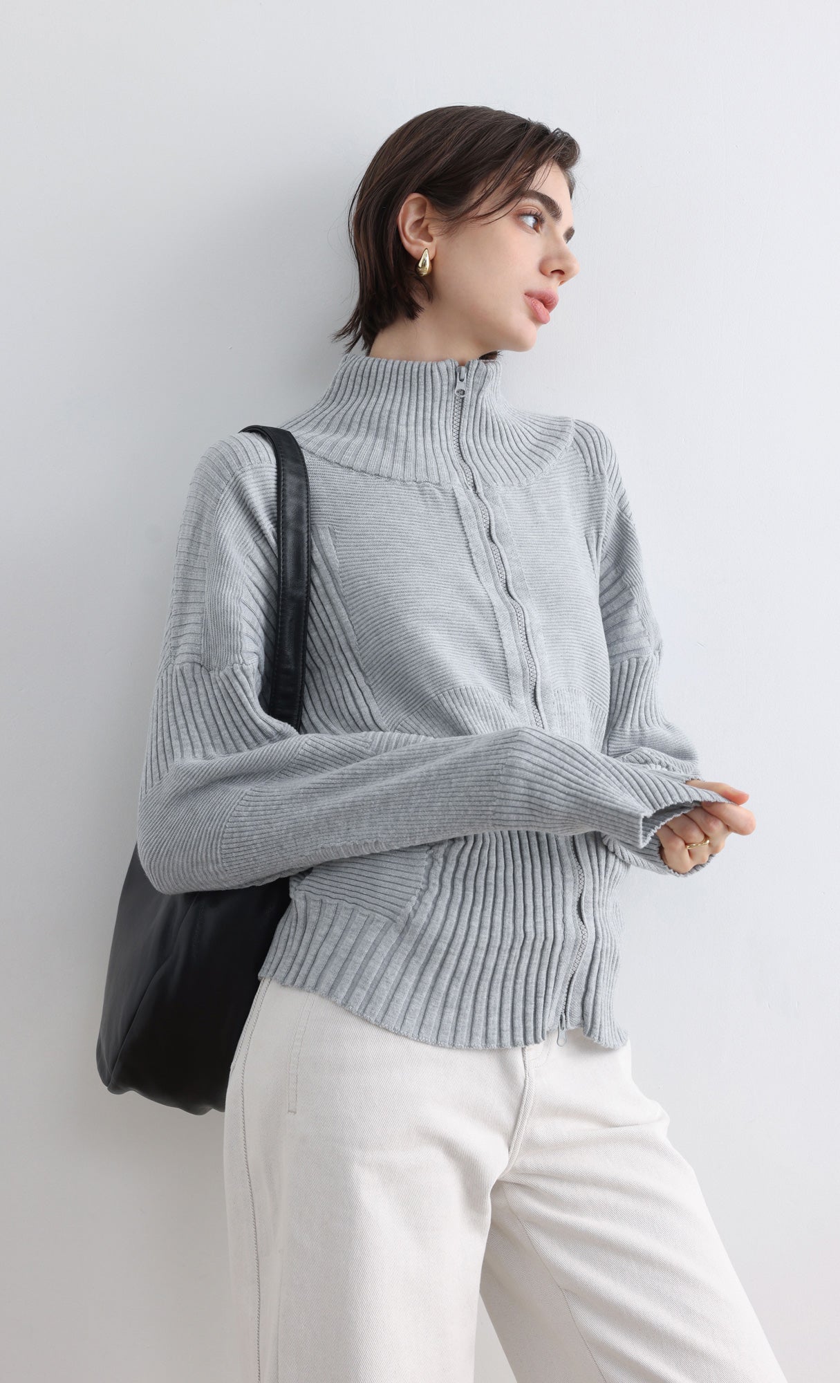 High Neck Knitted Pleated Zip-Up Cardigan_Grey
