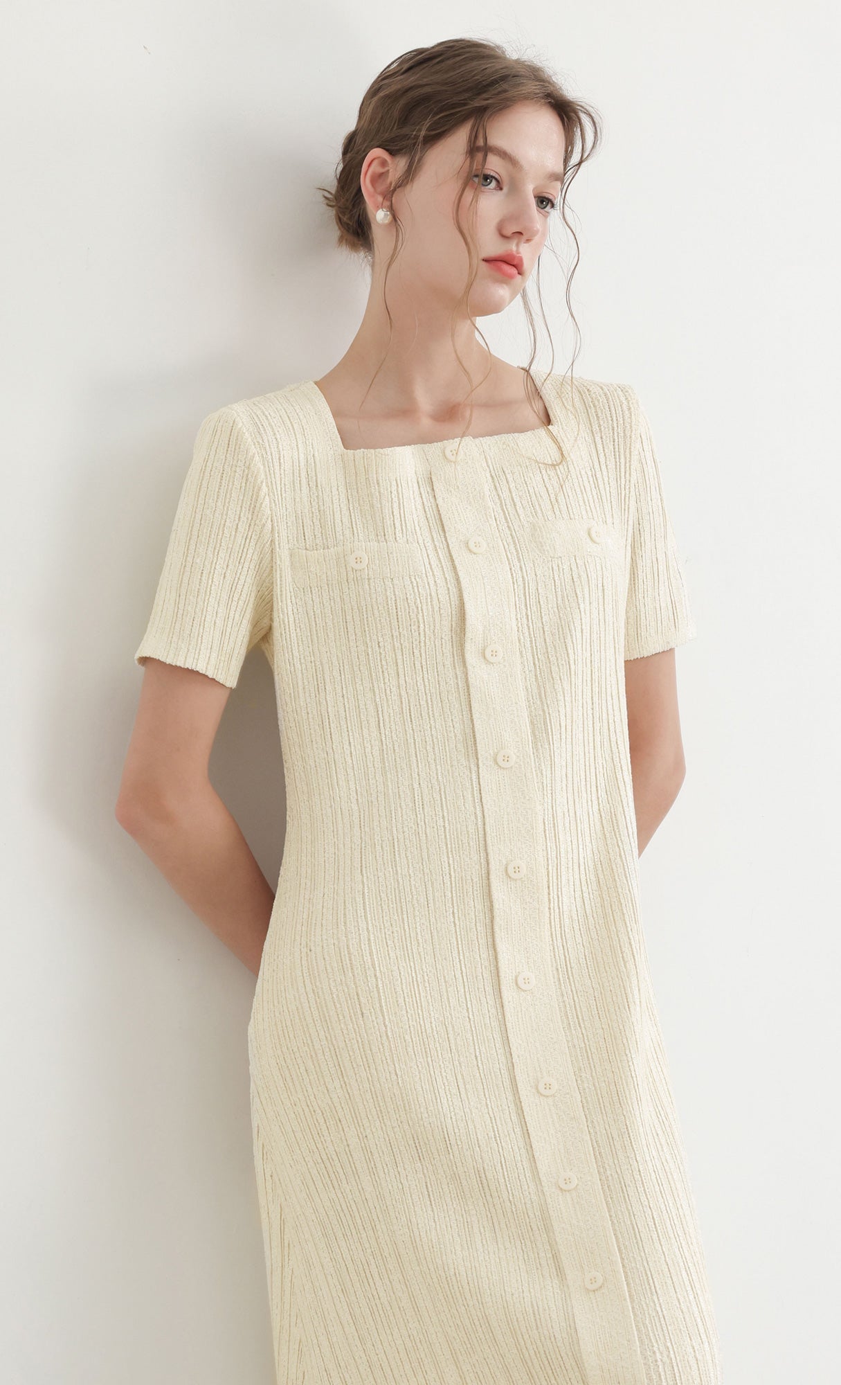Tweed pleats square neck dress_ivory