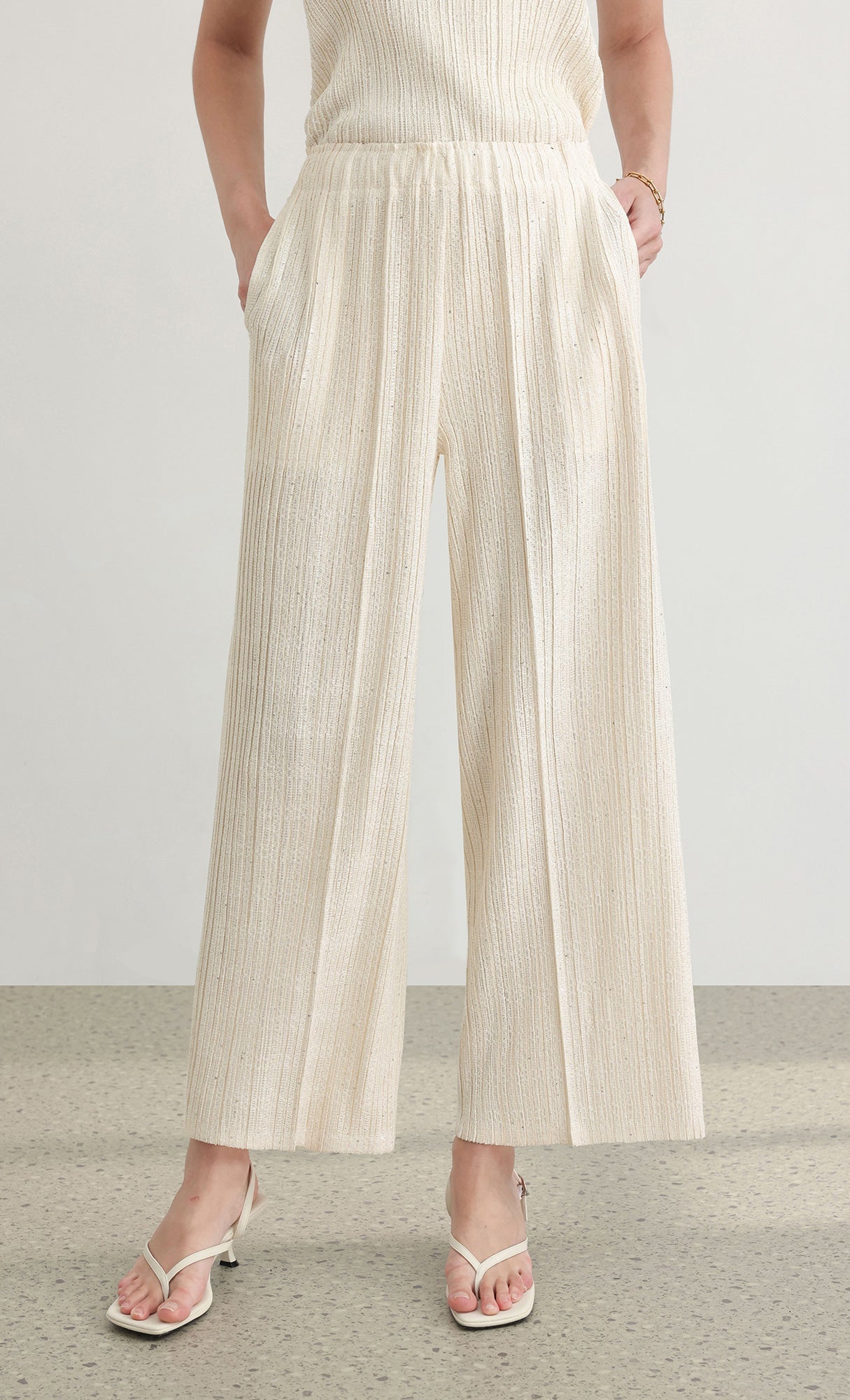 Tweed pleats pintuck pants_ivory