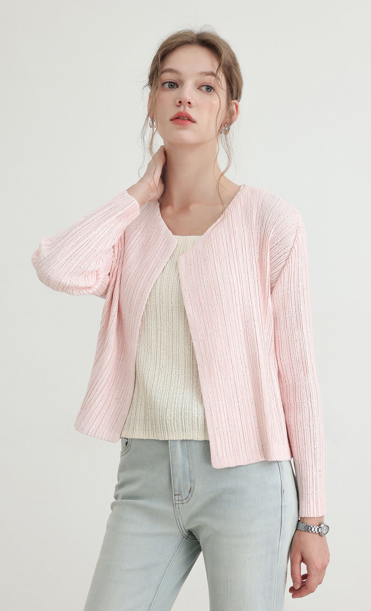 Tweed pleats cardigan_pink