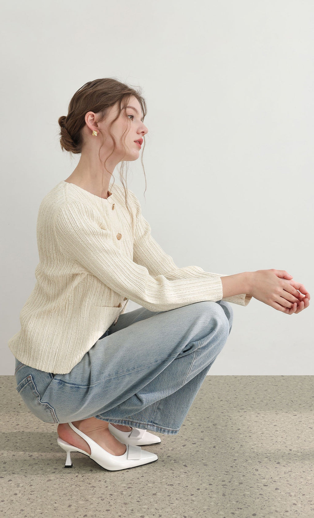 Tweed pleats cardigan jacket_ivory