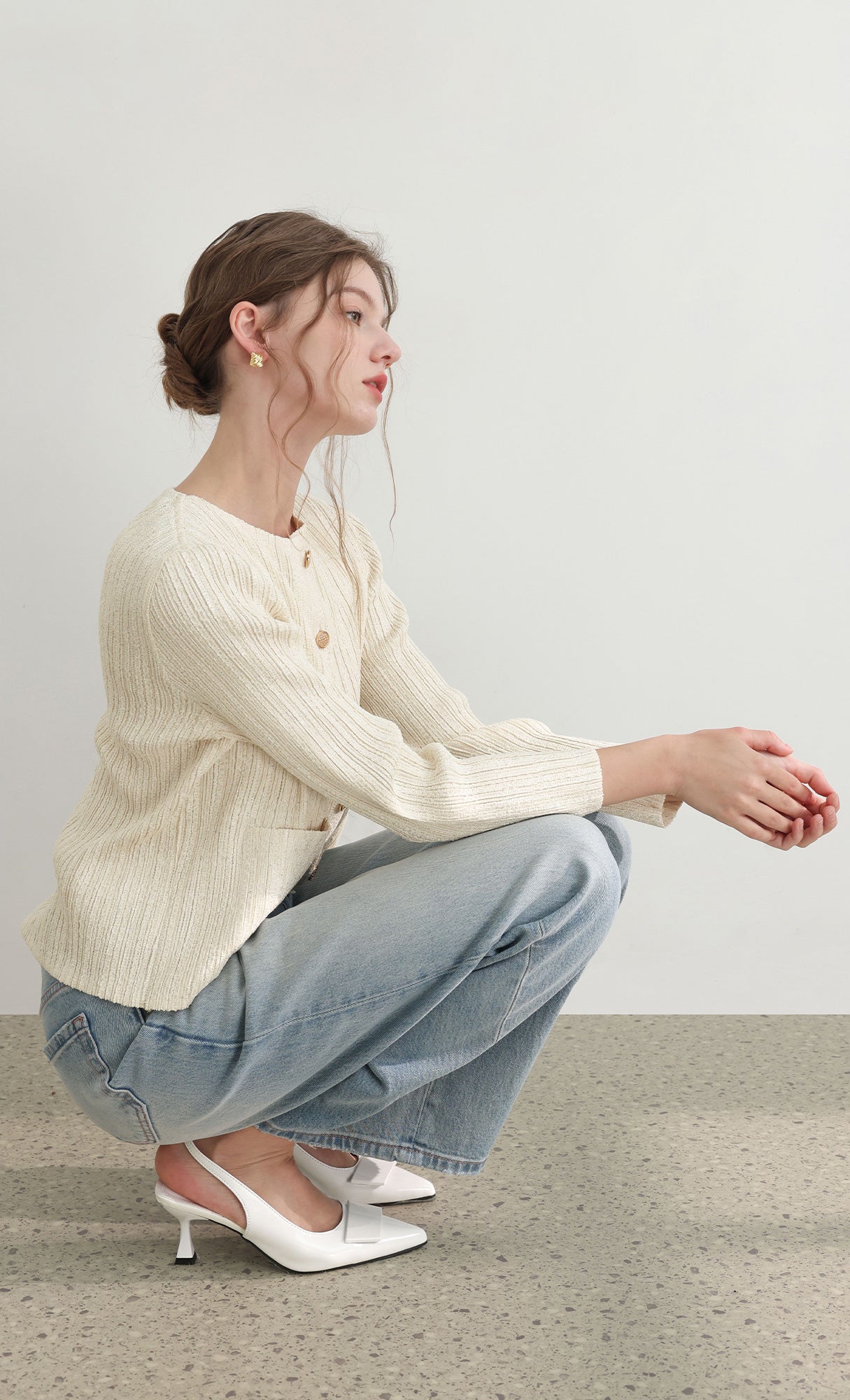 Tweed pleats cardigan jacket_ivory