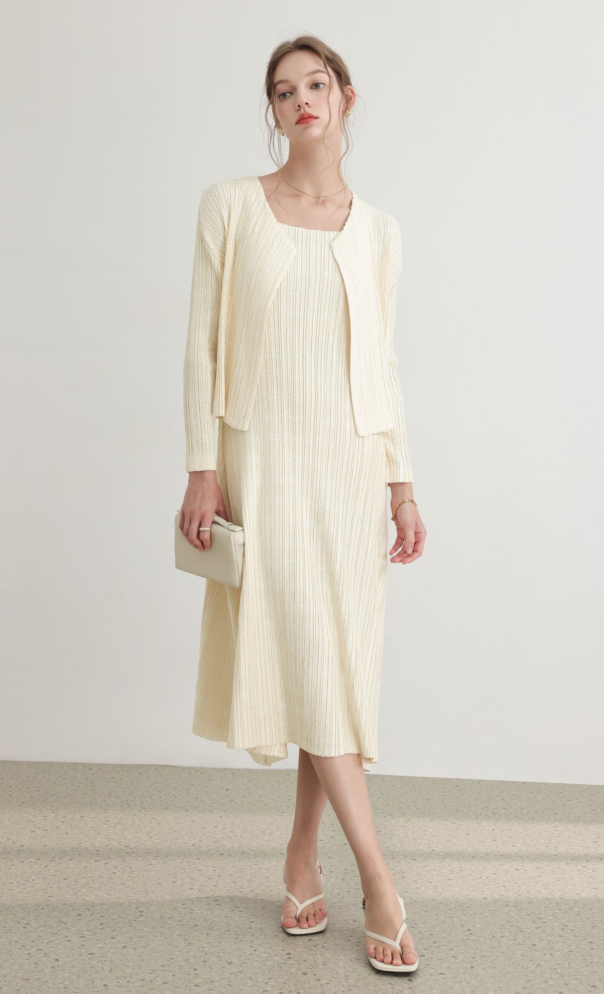 Tweed pleats sleveless flare dress_ivory