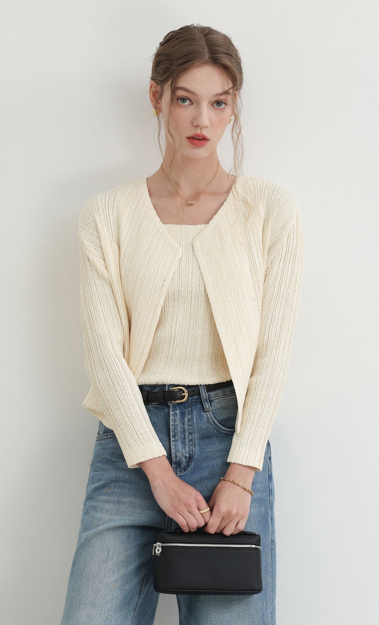 Tweed pleats cardigan_ivory