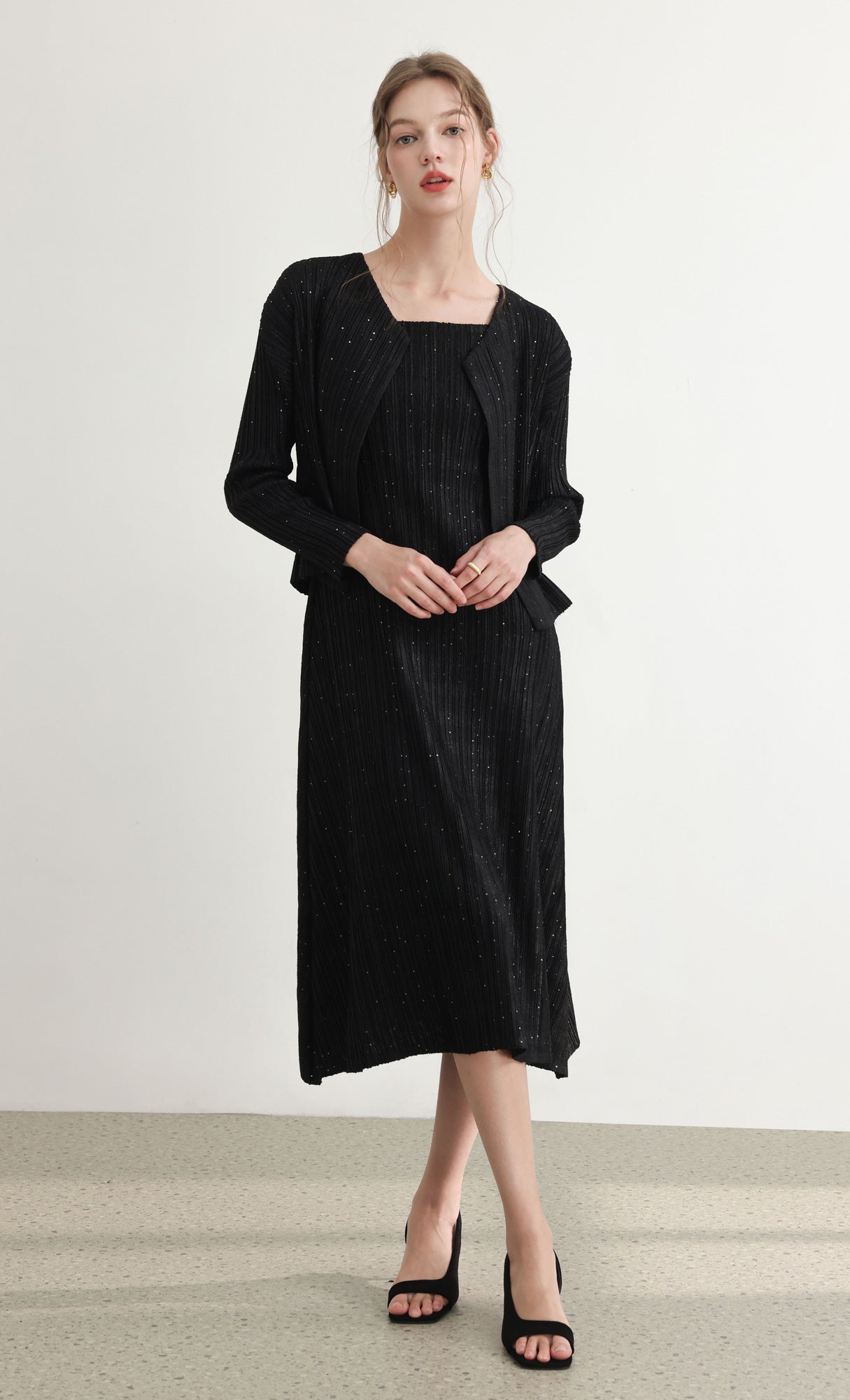 Tweed pleats sleveless flare dress_black