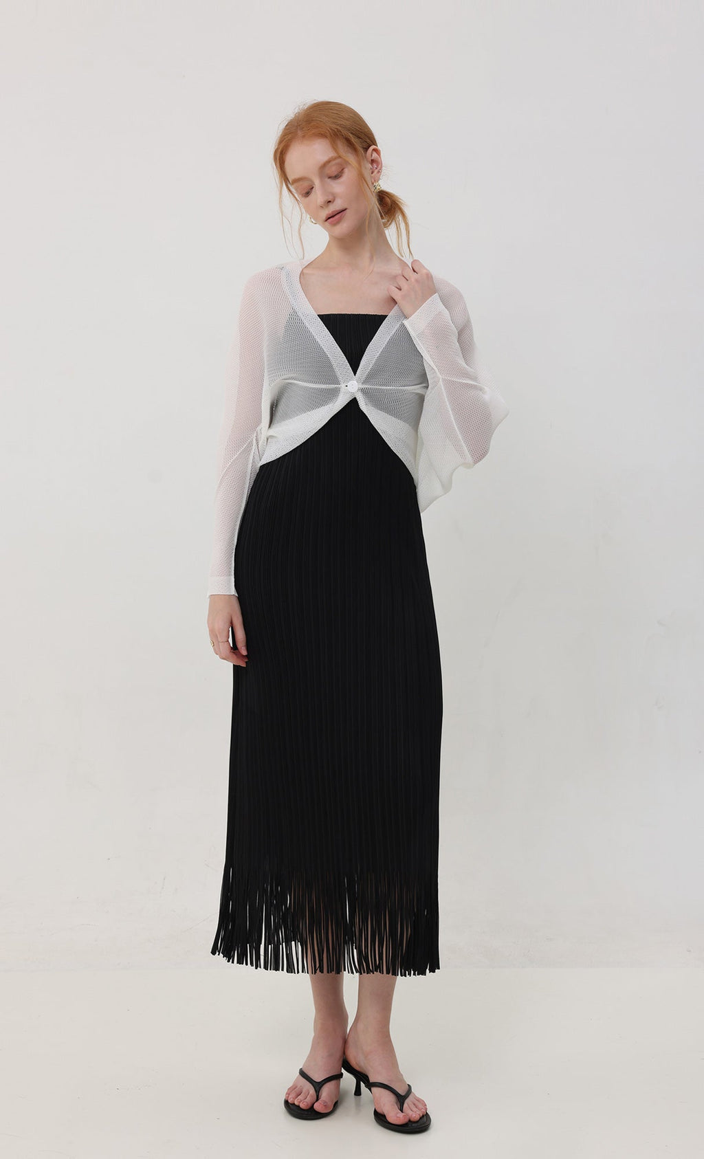 Fringe pleated slip dress_black