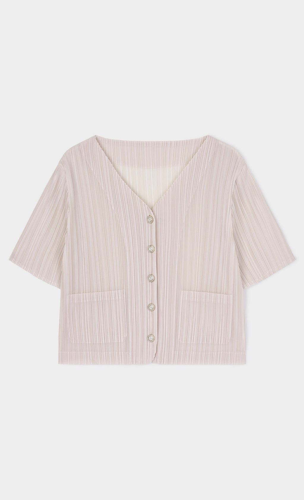 Button pleated short-sleeve top_lightbeige