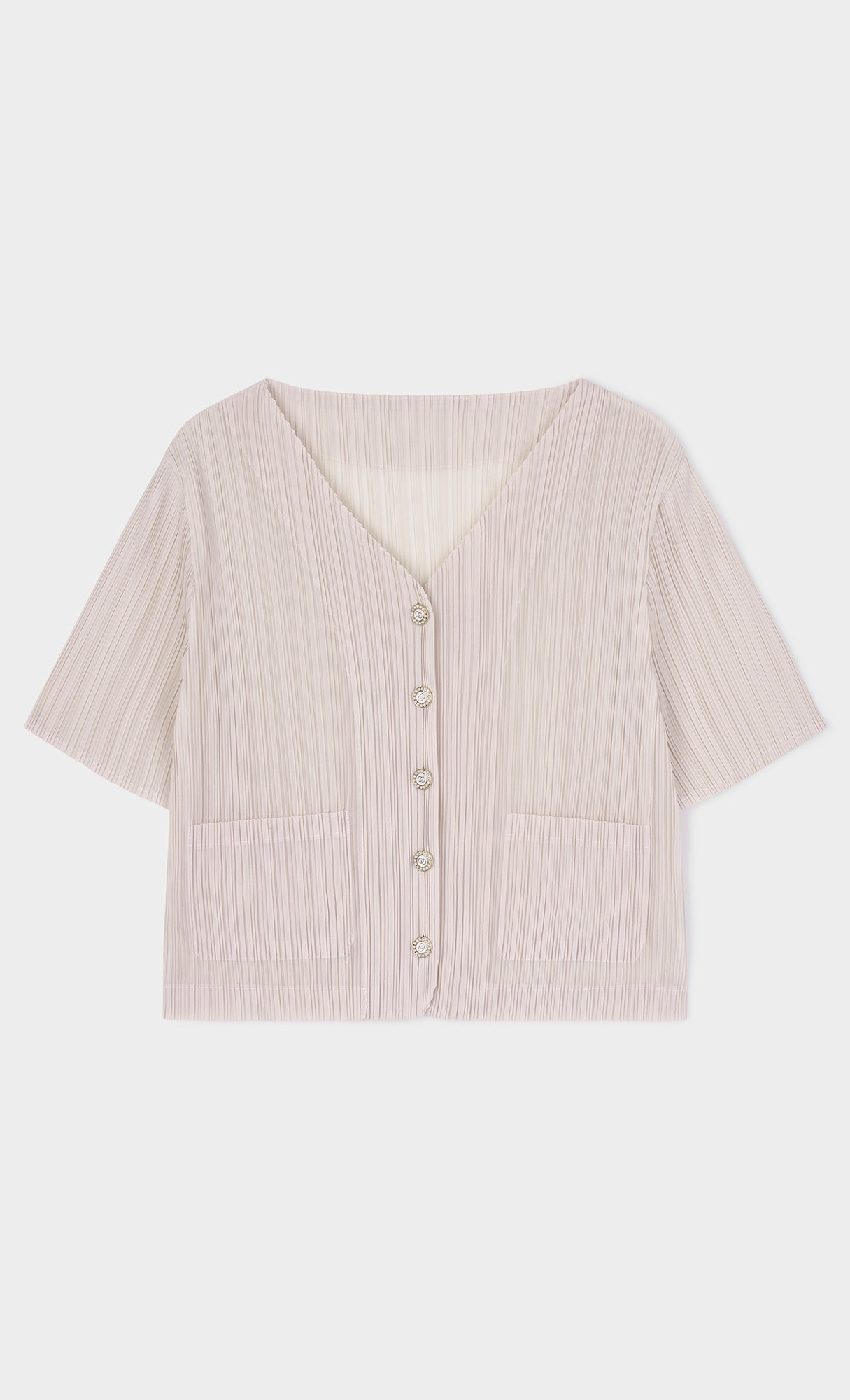 Button pleated short-sleeve top_lightbeige