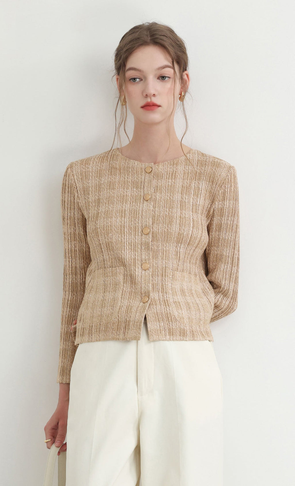 Tweed pleats cardigan jacket_beige