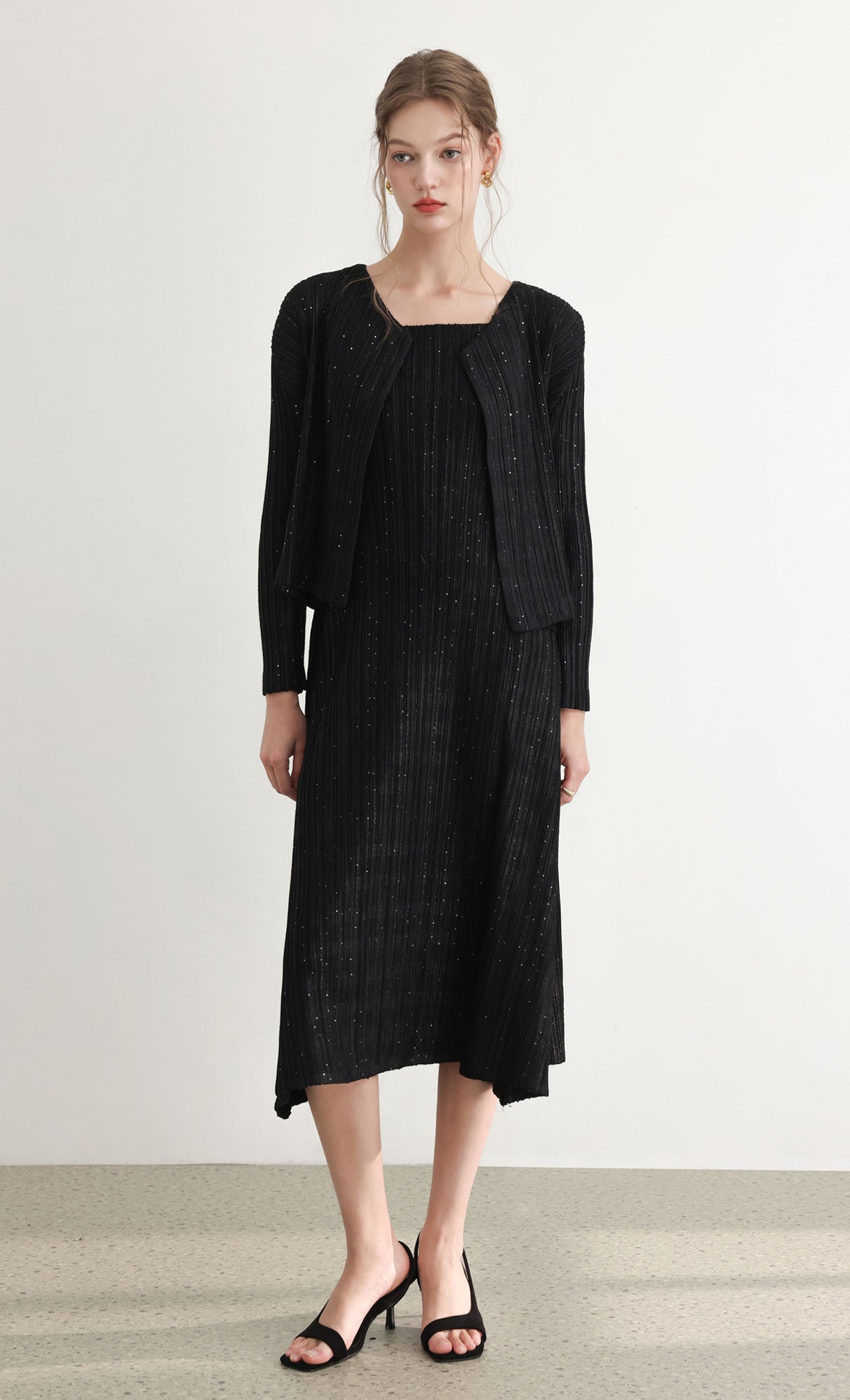 Tweed pleats sleveless flare dress_black