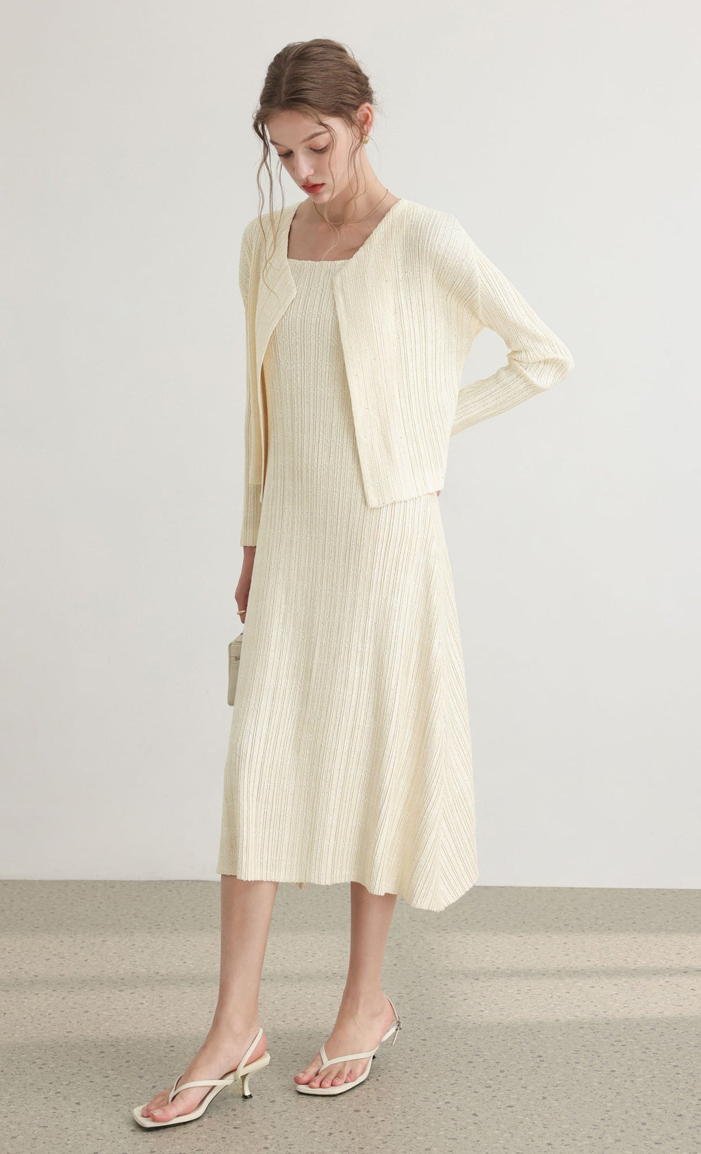 Tweed pleats sleveless flare dress_ivory