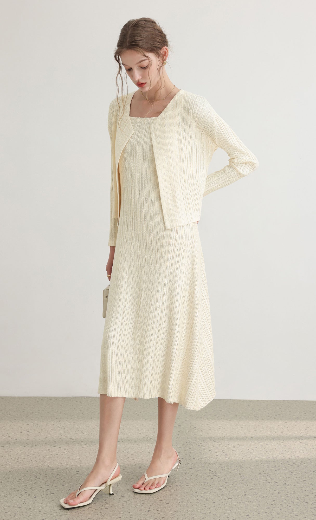 Tweed pleats sleveless flare dress_ivory