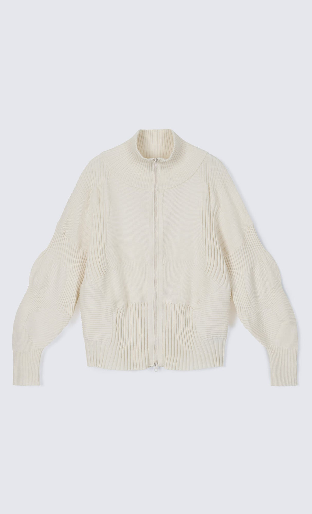 High Neck Knitted Pleated Zip-Up Cardigan_Ivory