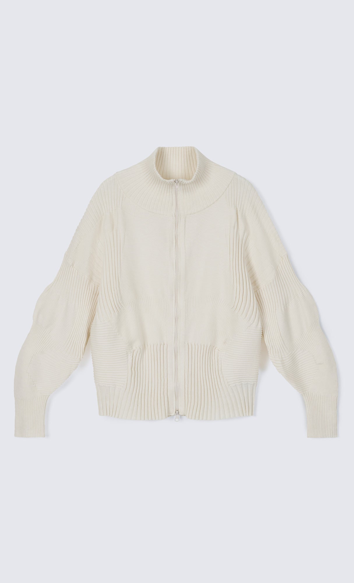 High Neck Knitted Pleated Zip-Up Cardigan_Ivory