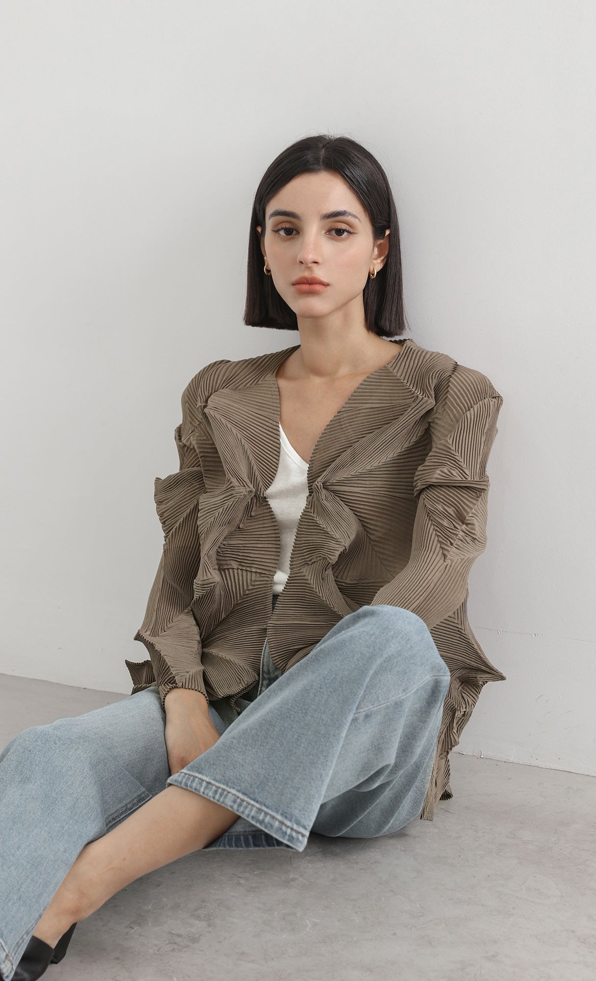 geo pleated jacket cardigan_brown