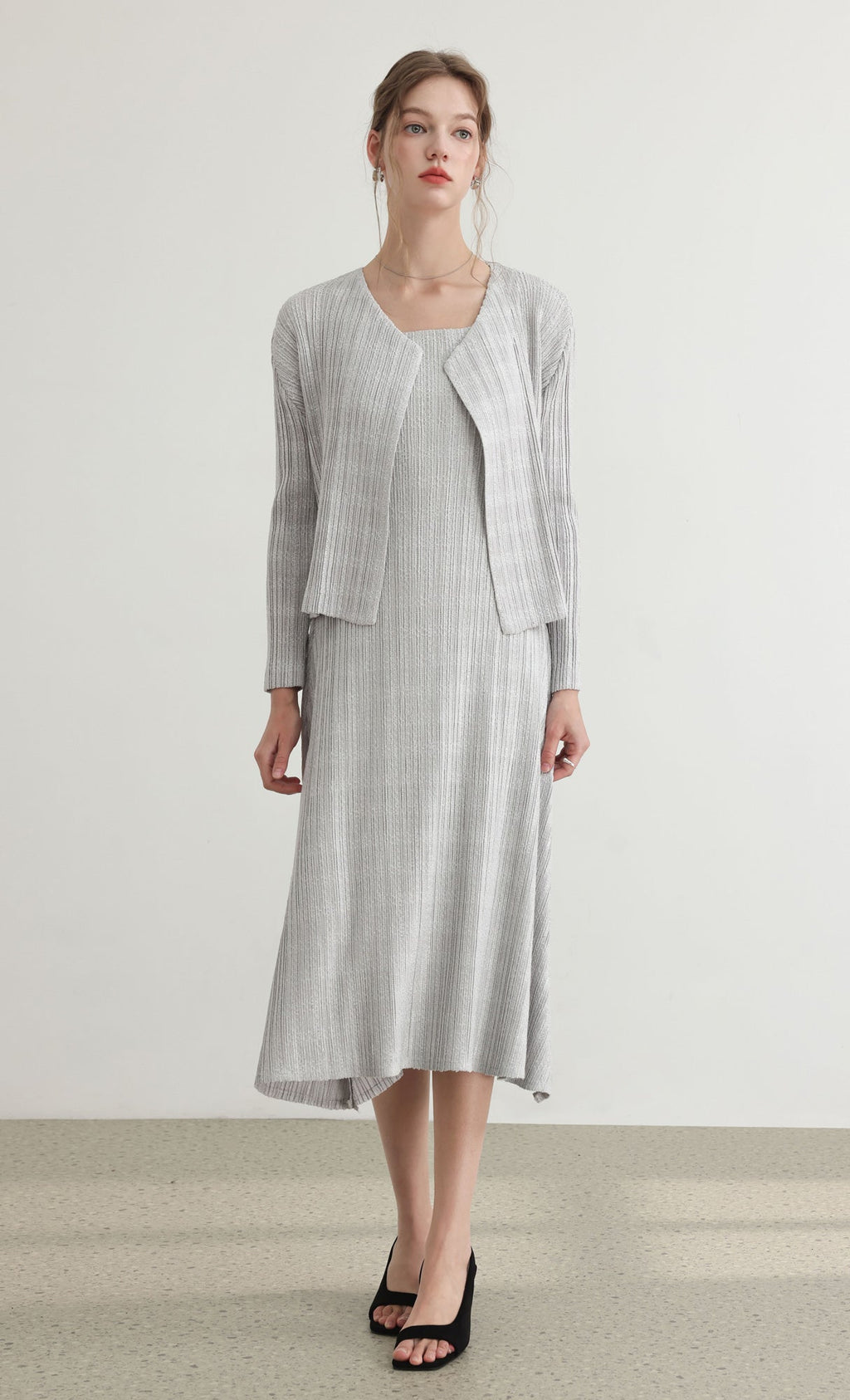 Tweed pleats sleveless flare dress_grey