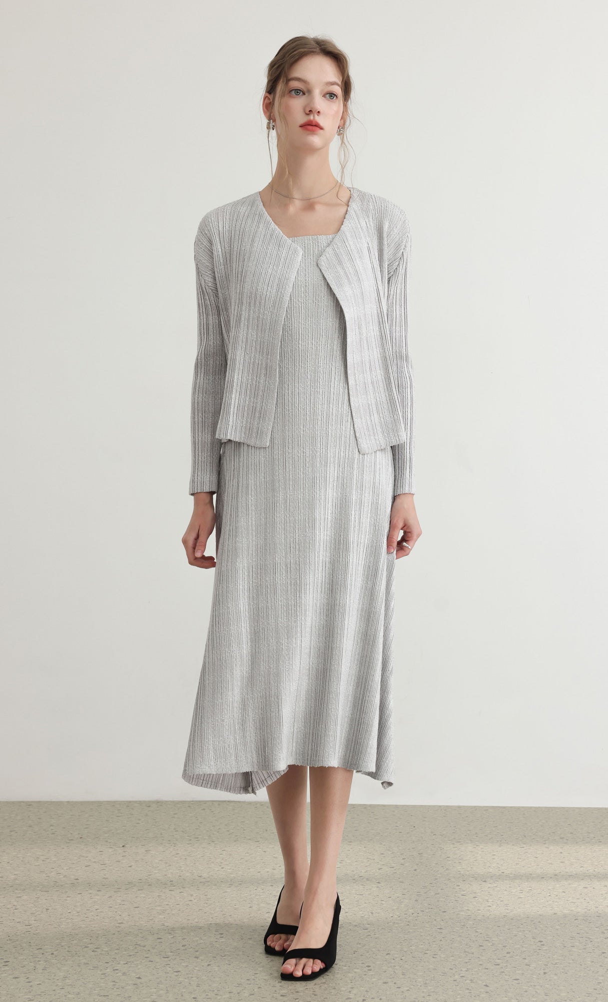 Tweed pleats sleveless flare dress_grey
