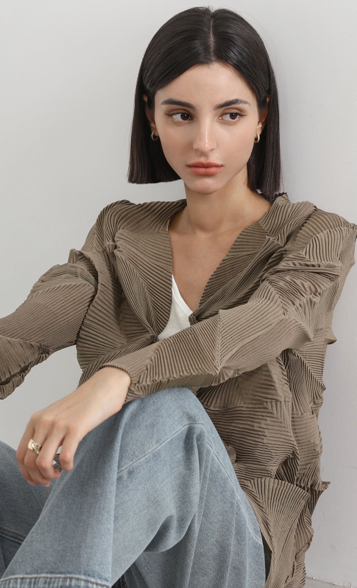 geo pleated jacket cardigan_brown