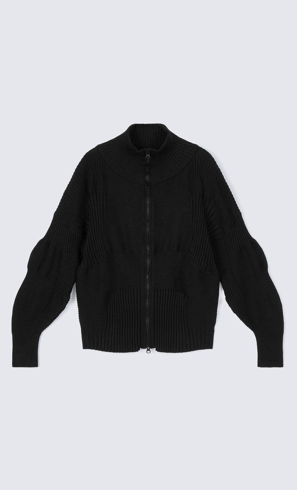 High Neck Knitted Pleated Zip-Up Cardigan_Black