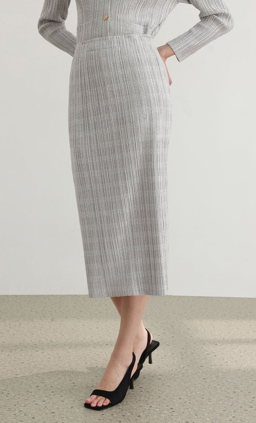 Tweed pleats banding skirt_grey