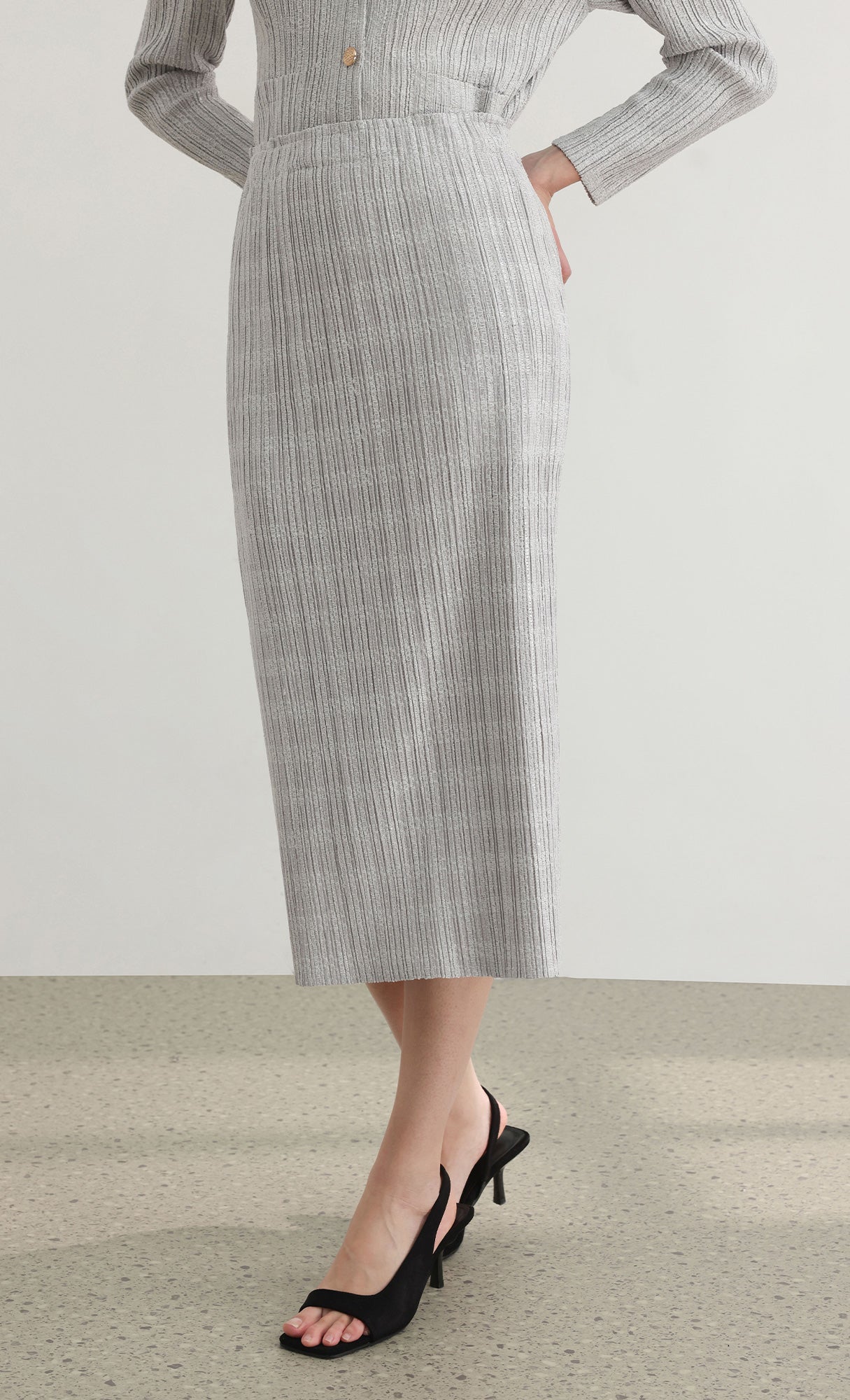 Tweed pleats banding skirt_grey