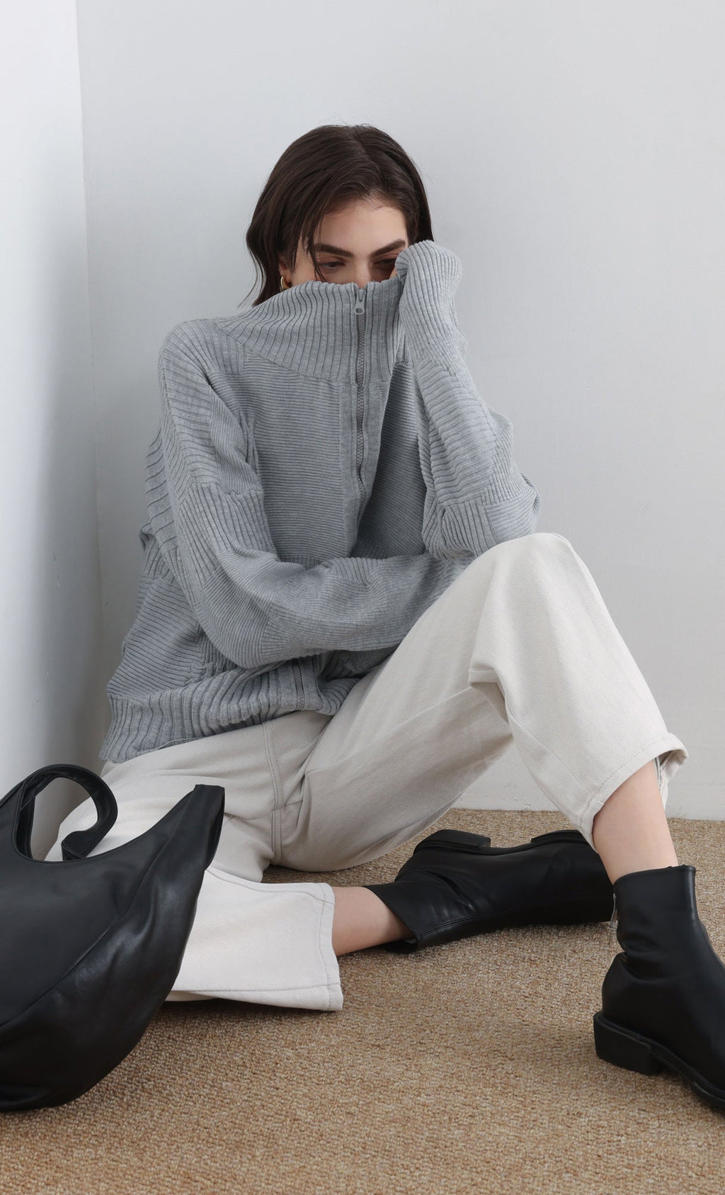 High Neck Knitted Pleated Zip-Up Cardigan_Grey