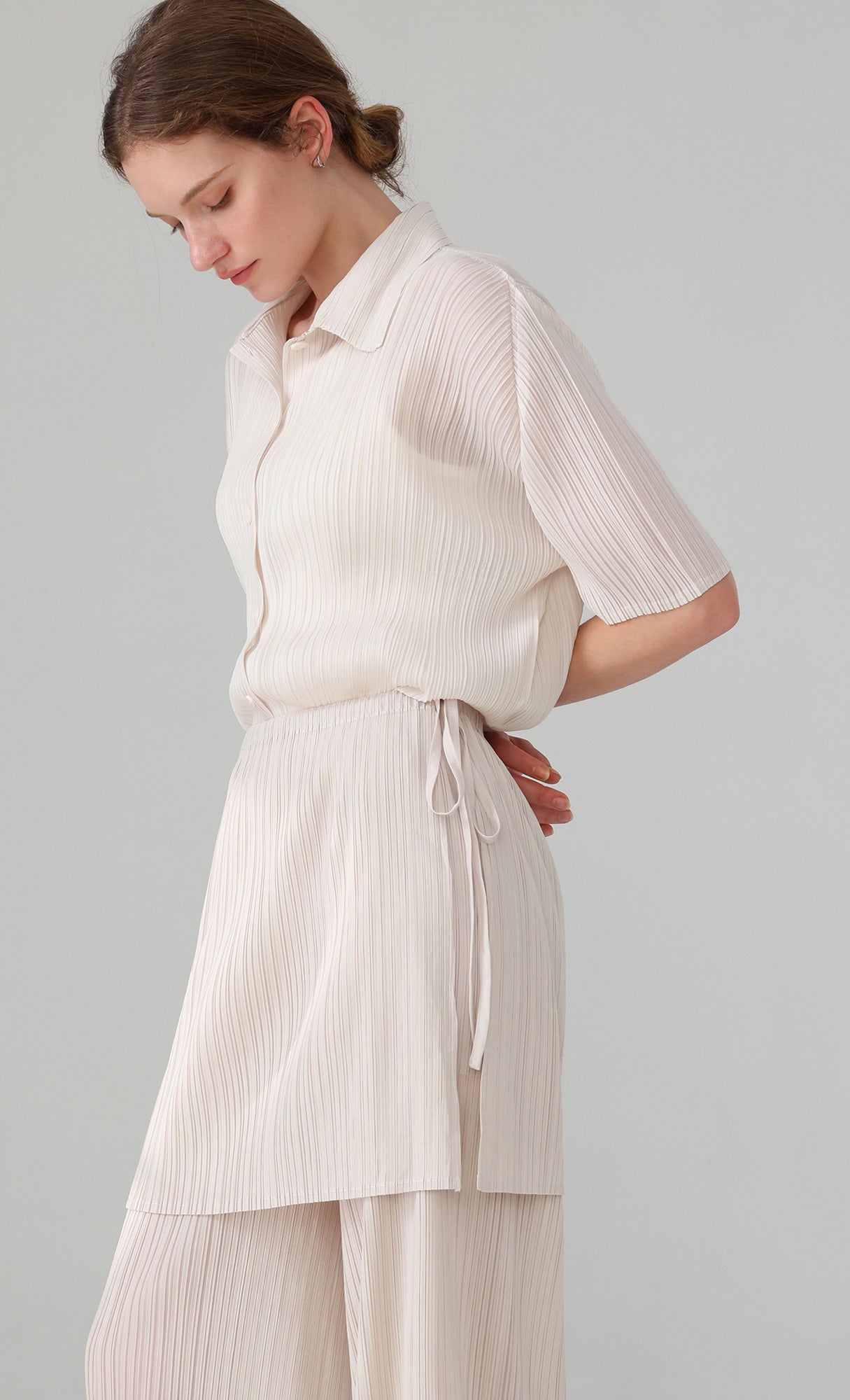Siny Pleated Layered Wrap Skirt Pants Set_ivory