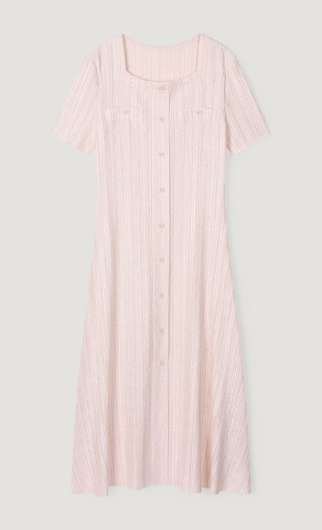 Tweed pleats square neck dress_pink