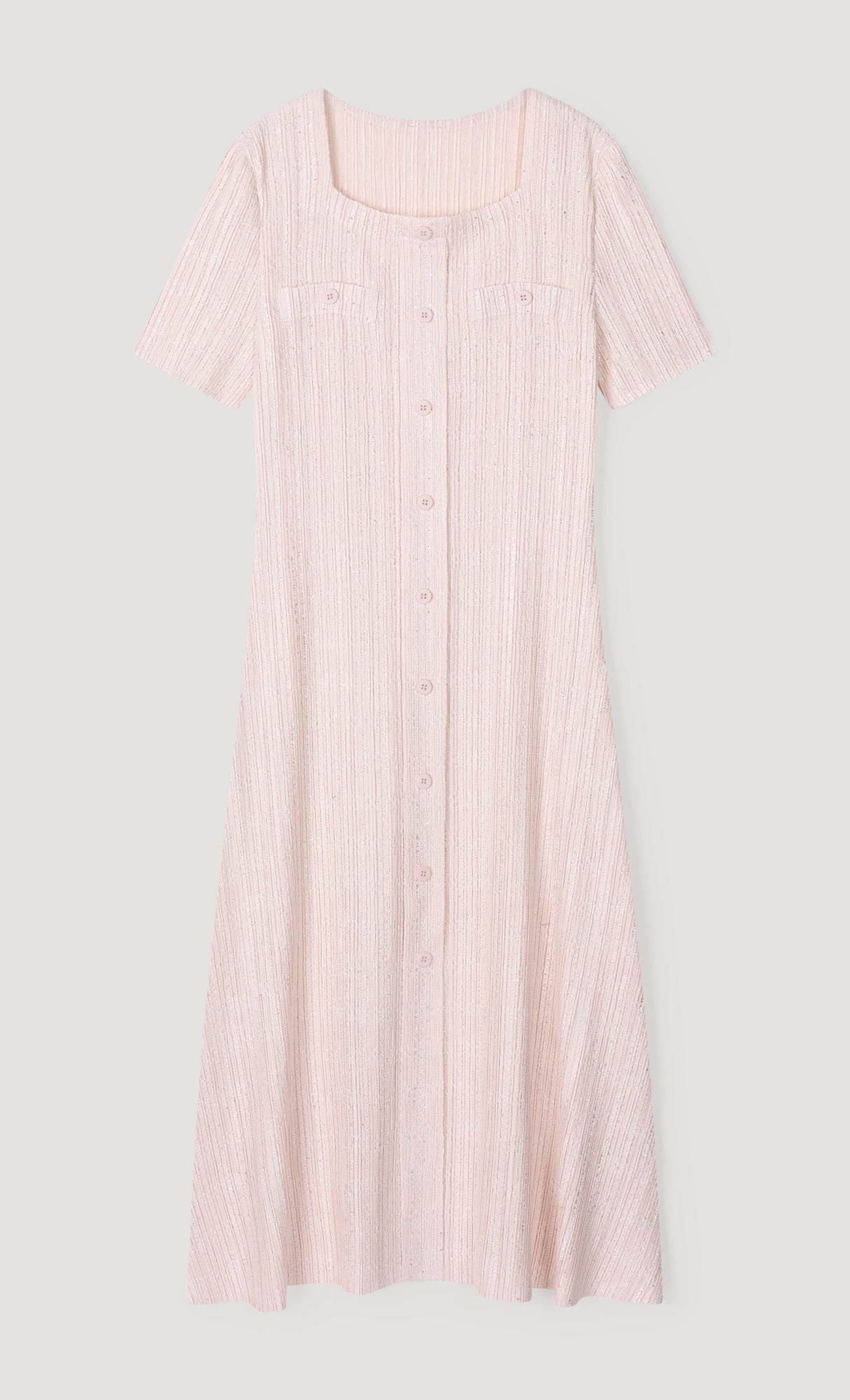 Tweed pleats square neck dress_pink